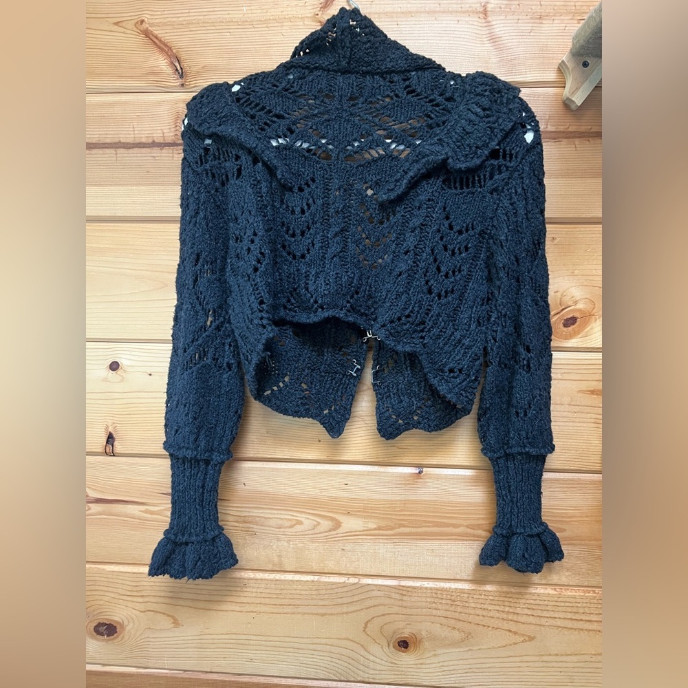 Free People Black Ruffled Open-Knit Cropped Cardigan - Picture 2 of 5